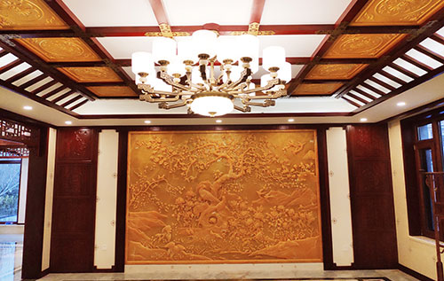 安溪中式别墅客厅中式木作横梁吊顶装饰展示